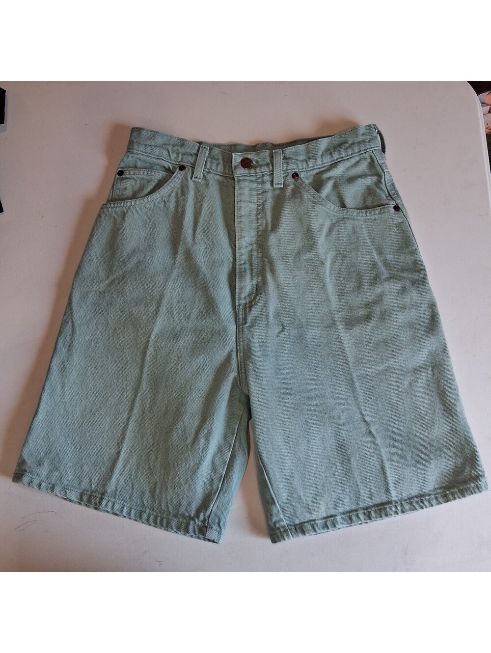Vintage Lands End Shorts Womens 10 USA High Rise Denim Sage Green Bermuda 90,s